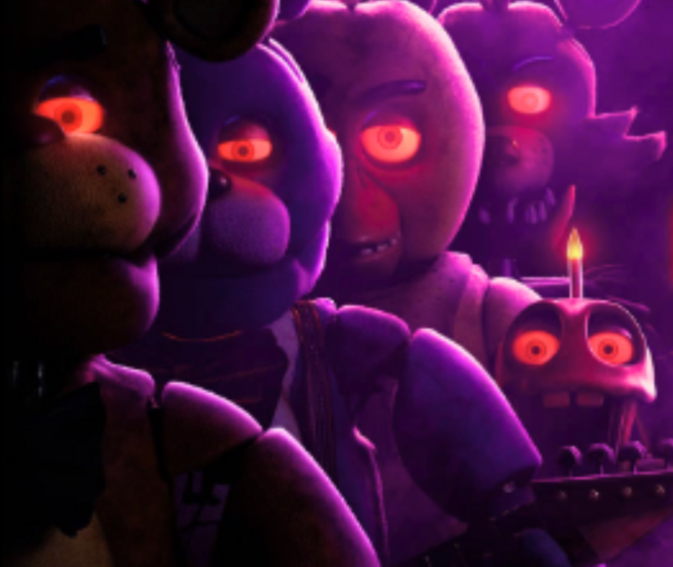 The official poster features the animatronics from left to right: Freddy, Bonnie, Chica with her sidekick Mr. Cupcake, and Foxy.