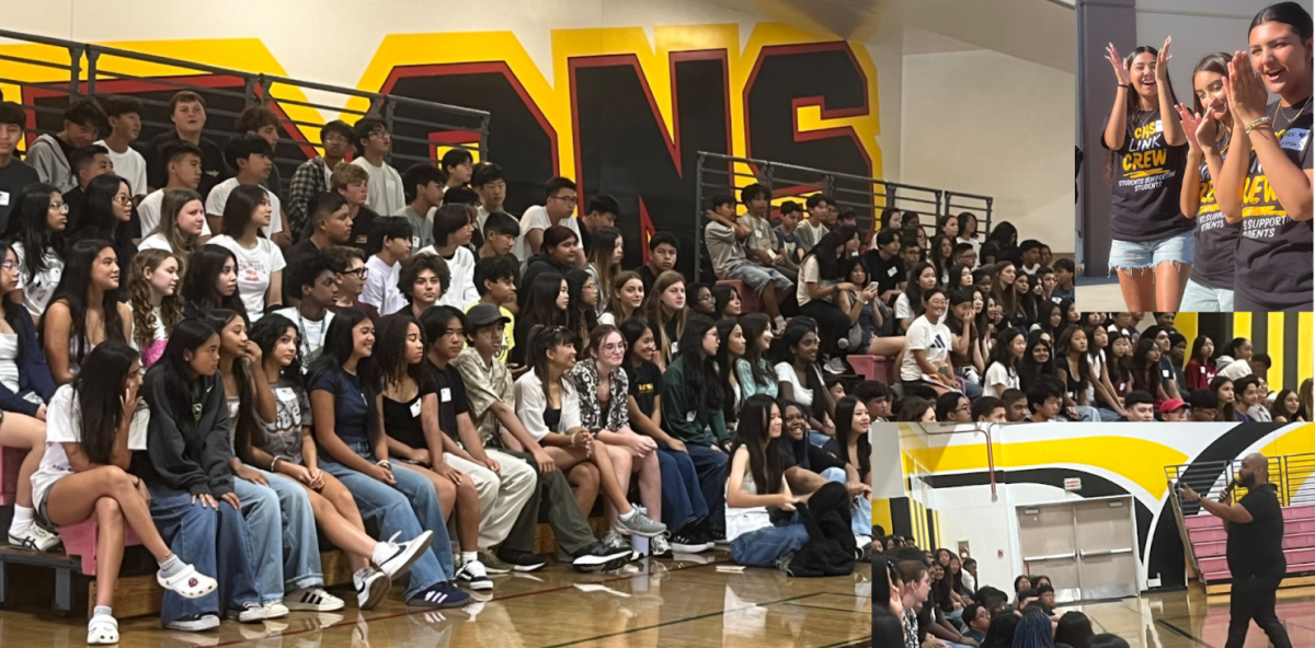 Class of 2026 (A-L last names) listen to presenters. Inset right above, Link Crew members welcome Freshmen as they walk through the Cerritos Way Gate. Inset right bottom, Dean and Freshmen Counselor, Mr. Lavernis Martin revs up the school spirit.