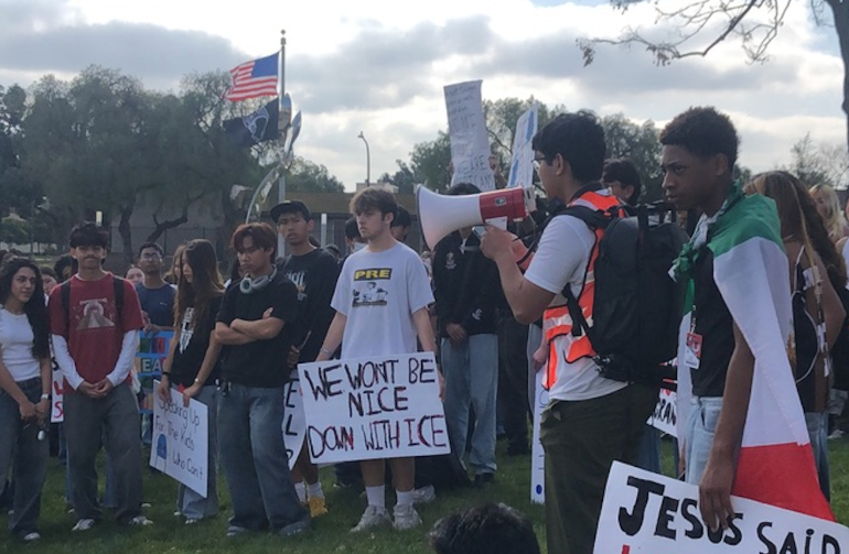 Students gather in the city of Cerritos to protest ICE's actions. Photo taken by Salvador Flores.