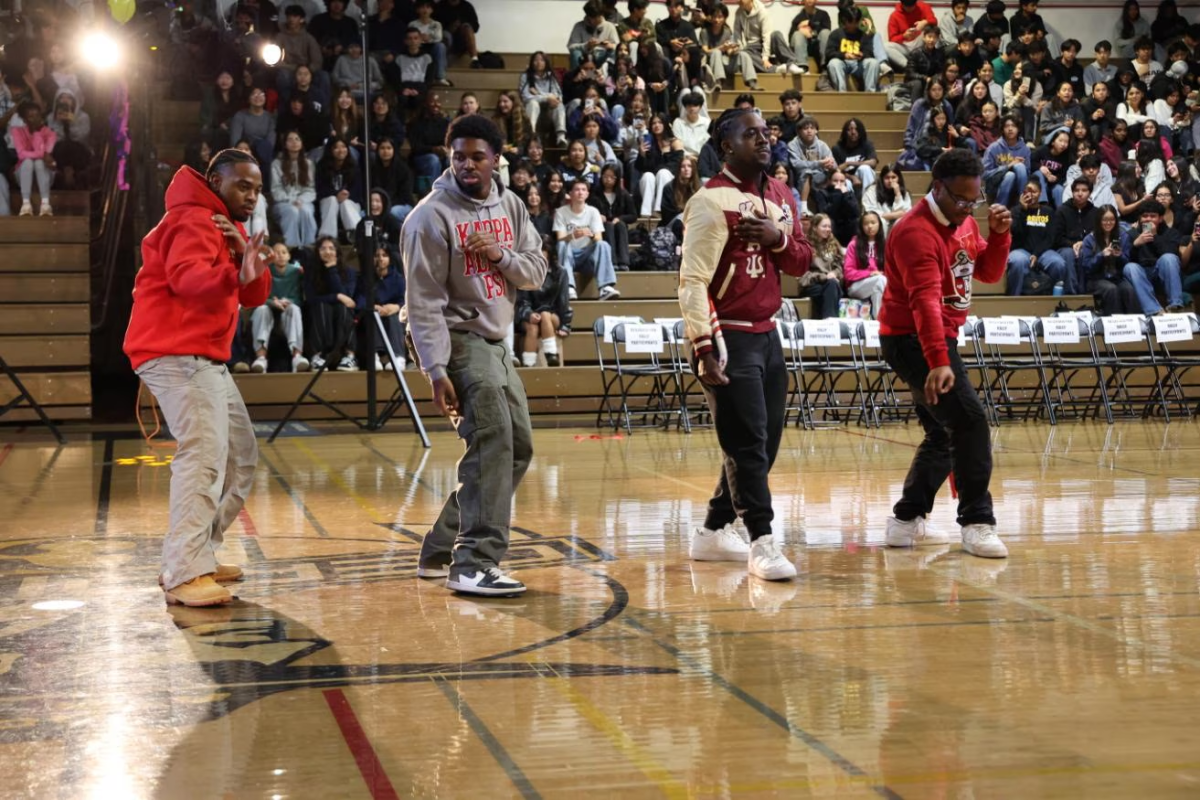Kappa Alpha PSI Fraternity demonstrates the art of ”Stepping” to the students of Cerritos High School. Photo taken by Janold Blanshard, used with permission.
