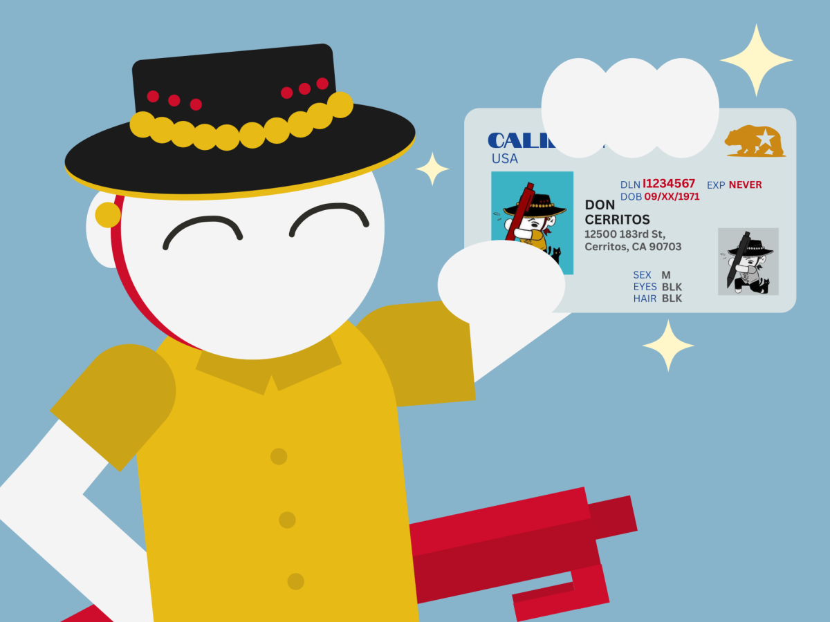 A graphic depicting Cerritos High School's Don, proudly displaying his driver's license. Illustration by Zion Borriboonratana.