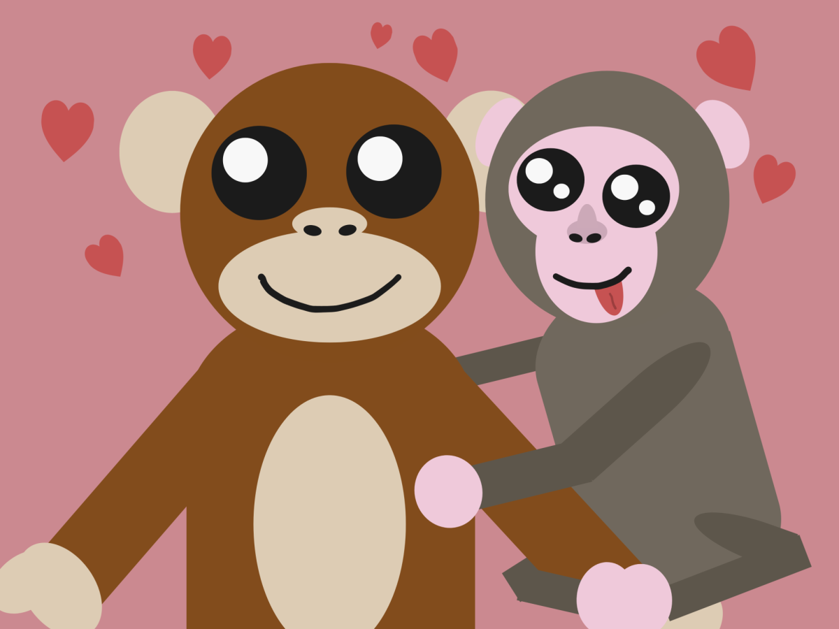 A graphic depicting the Japanese macaque hugging his beloved orangutan plush. Illustration by Zion Borriboonratana.