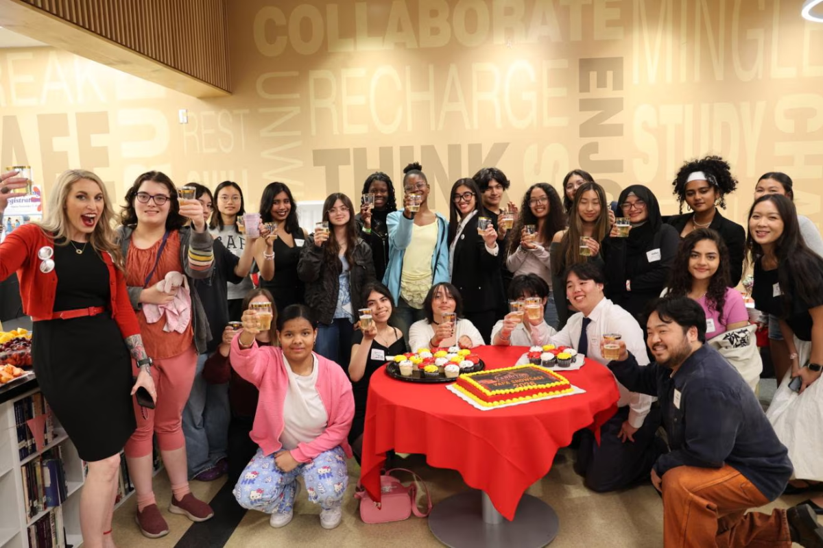 The students of the Art, Advanced Art, and Ceramics pose together with teachers Mrs. Celia Quiggle and Mr. Kenji Yamamoto. Photo taken by Janold Blanshard, used with permission.